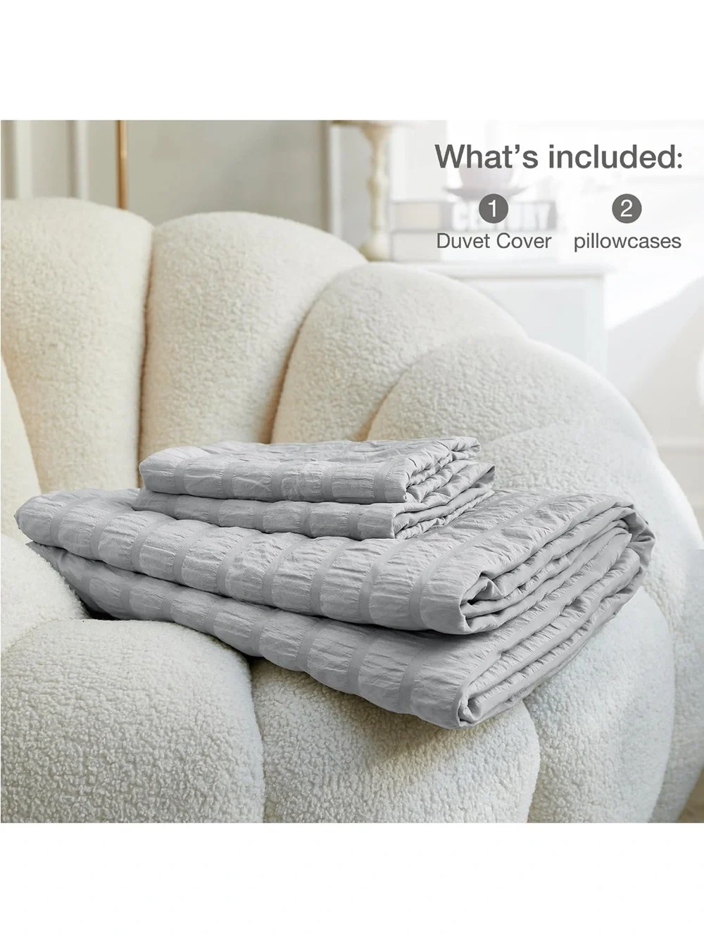 NEW JELLYMONI Light Grey Seersucker Cotton Duvet Cover Set Full, Soft Breathable
